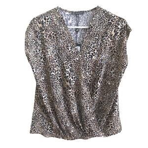 Adrianna Papell Leopard Print Faux Wrap Blouse Top Women's Small NWT